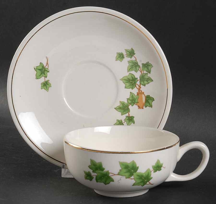Ivy (Gold Trim Off Edge) Flat Cup & Saucer Set by Paden City-1