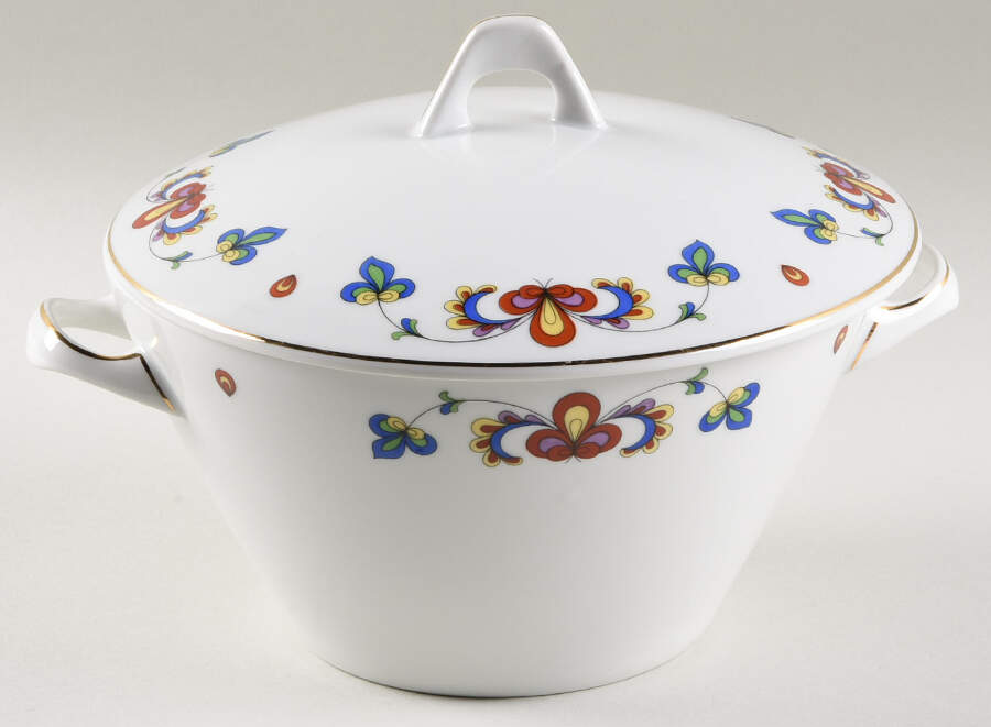 Farmer's Rose (Coupe, Gold Trim) Round Covered Vegetable by Porsgrund-1