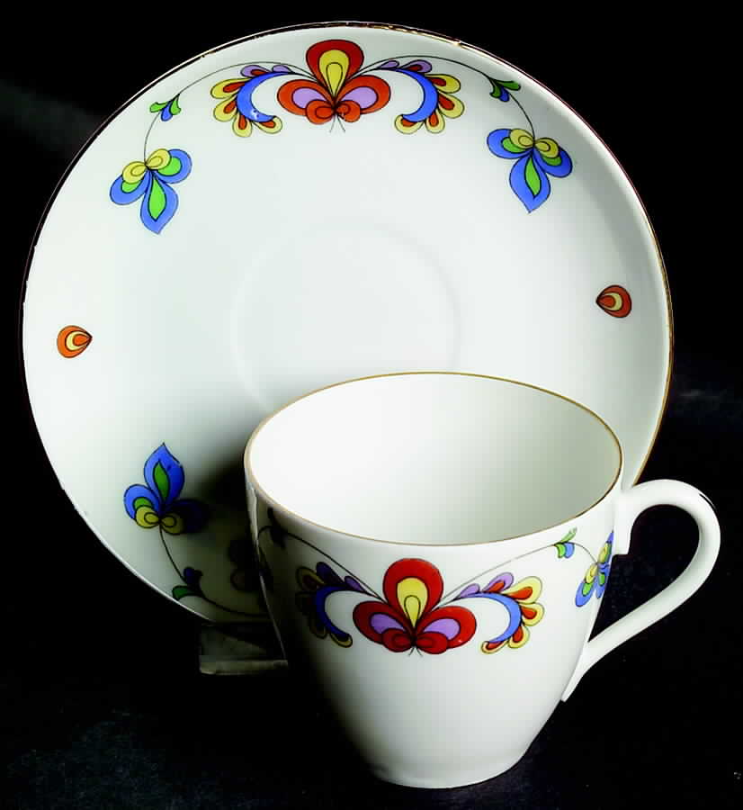 Farmer's Rose (Coupe, Gold Trim) Flat Cup & Saucer Set by Porsgrund-1