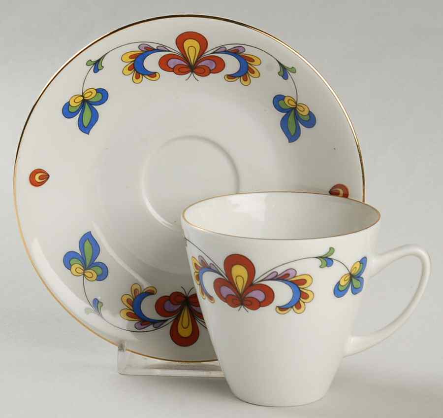 Farmer's Rose (Coupe, Gold Trim) Flat Demitasse Cup & Saucer Set by Porsgrund-1