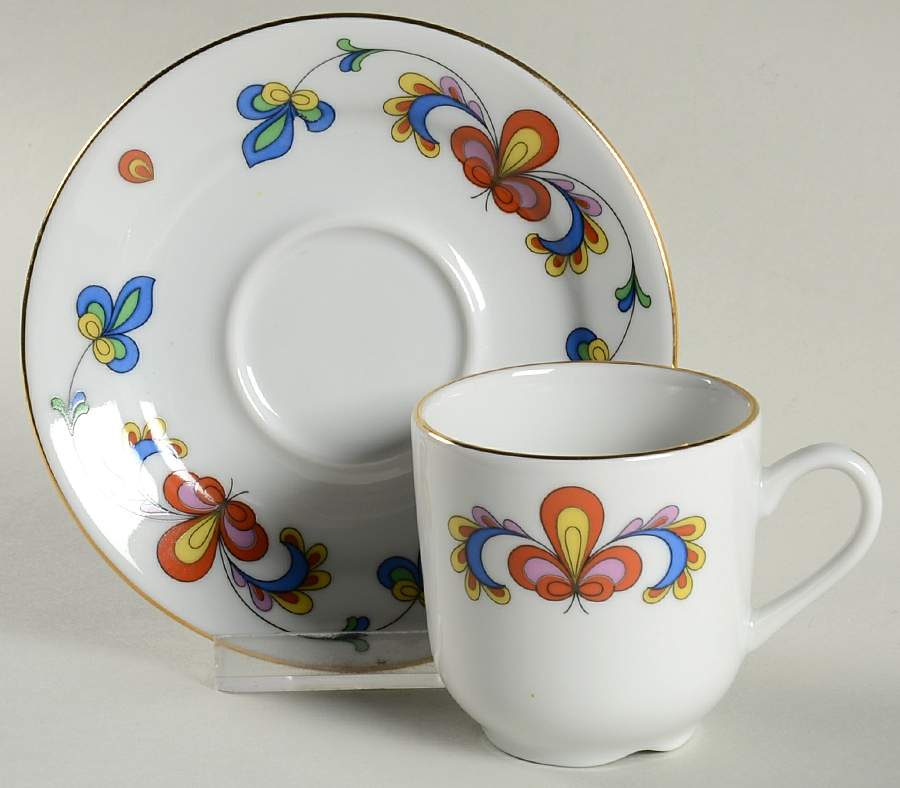 Farmer's Rose (Coupe, Gold Trim) Flat Demitasse Cup & Saucer Set by Porsgrund-1