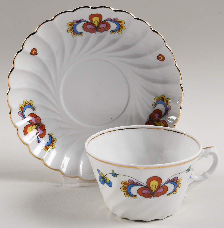 Farmer's Rose (Swirl, Gold Trim) Flat Cup & Saucer Set by Porsgrund-1
