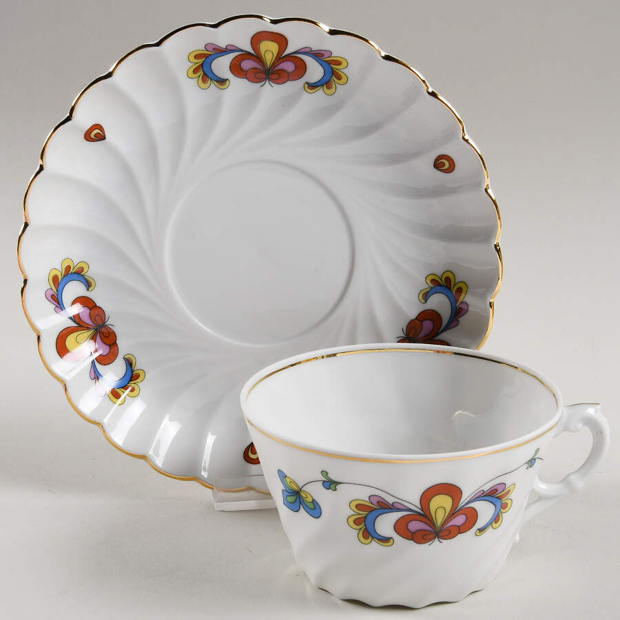 Farmer's Rose (Swirl, Gold Trim) Flat Cup & Saucer Set by Porsgrund-1