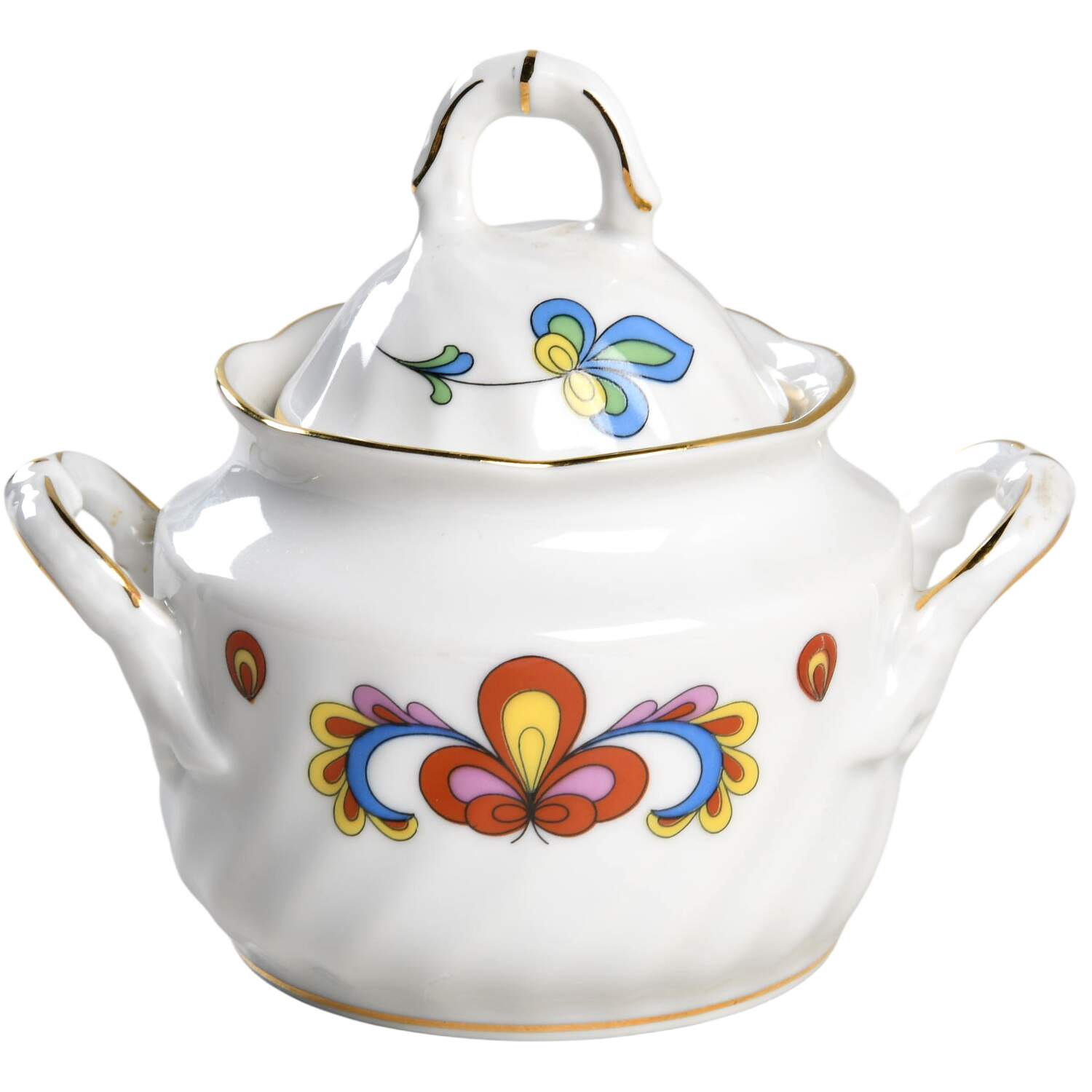 Farmer's Rose (Swirl, Gold Trim) Sugar Bowl & Lid by Porsgrund-1