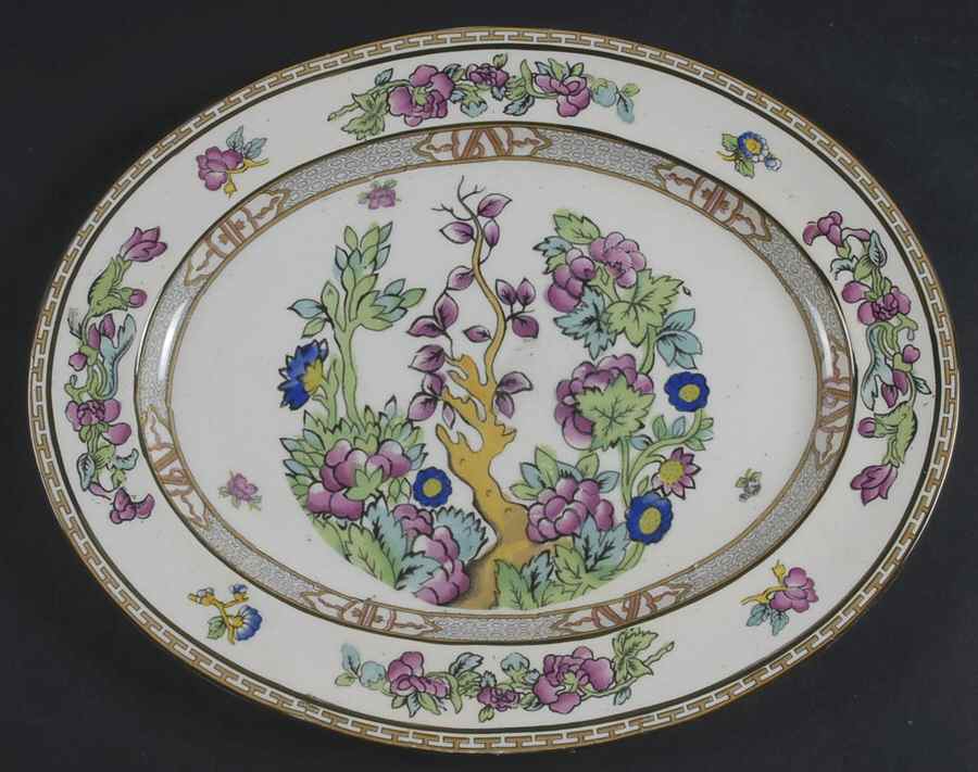 Indian Tree (Smooth, Green Trim) 11" Oval Serving Platter by Paragon-1