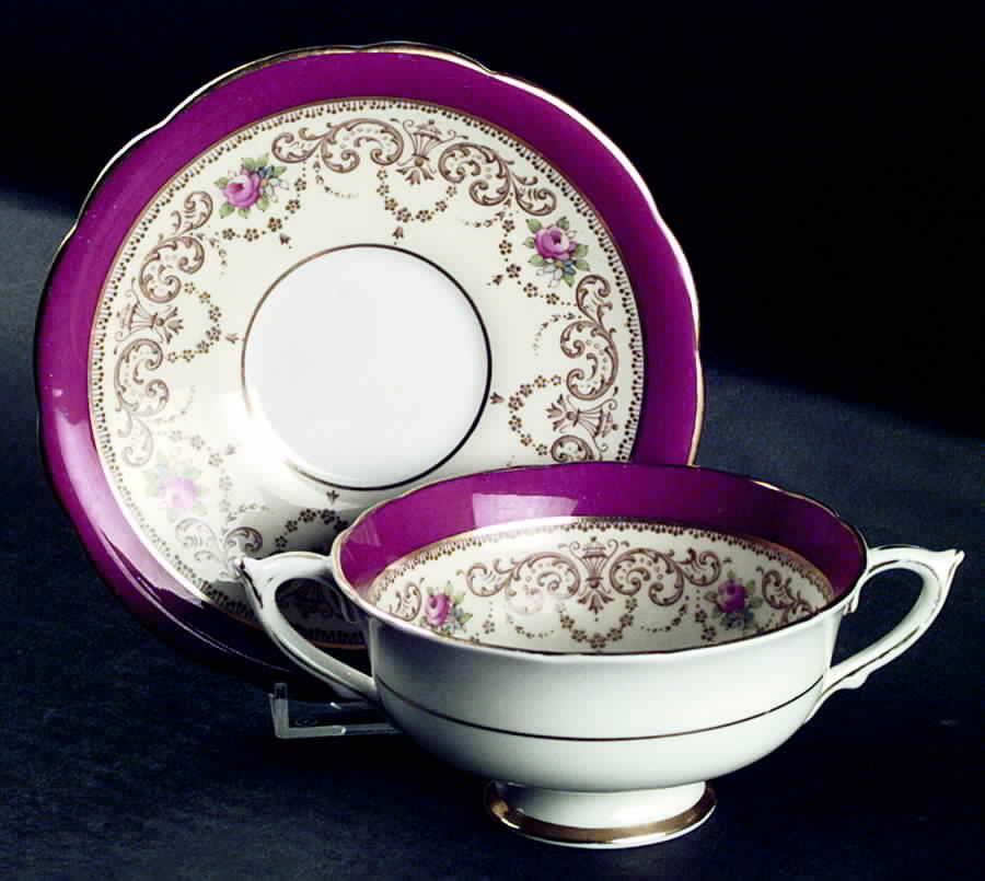 Holyrood Red (Scalloped, Pink Roses) Footed Cream Soup Bowl & Saucer Set by Paragon-1