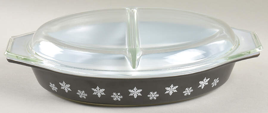 Snowflake (Charcoal) 12" Oval Covered Divided Vegetable (ODV12 Base) by Pyrex-1