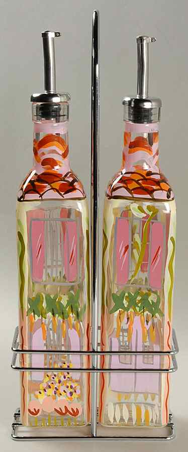 Pistoulet Set of 2 Glass Oils W/Drizzle Spouts & Metal Caddy by Pfaltzgraff-1