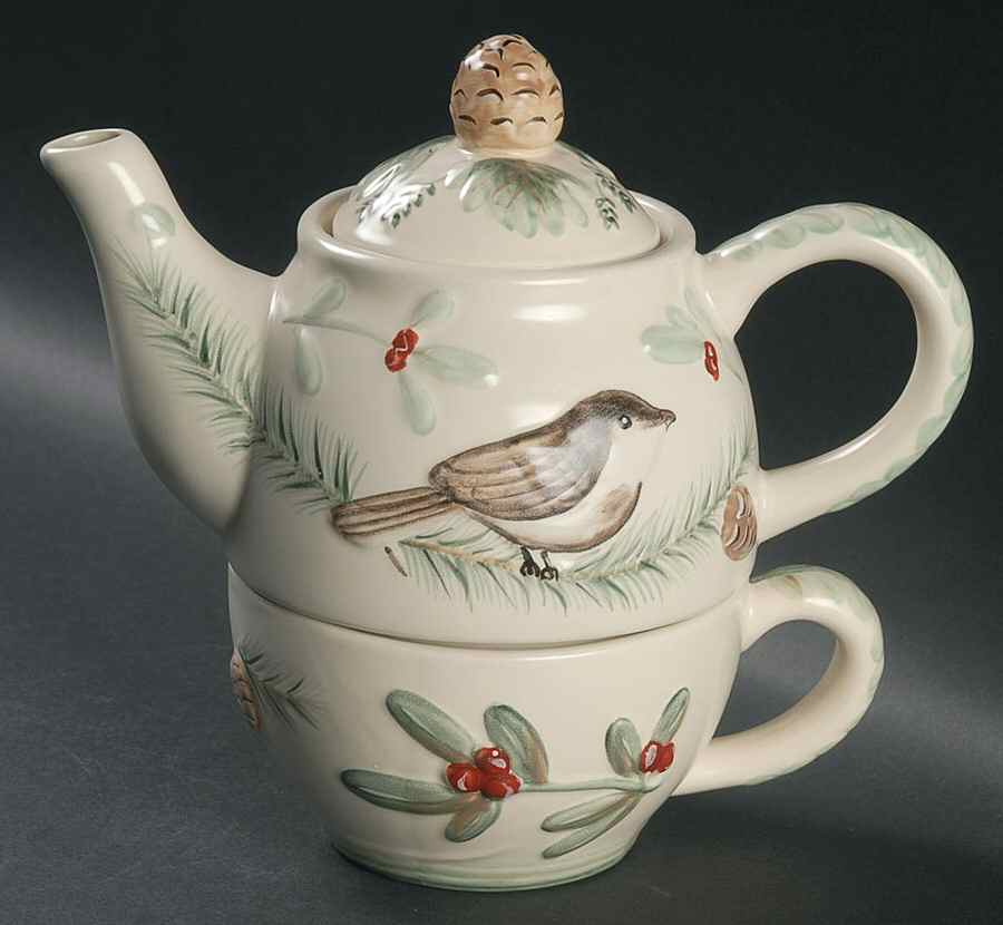 Winterwood (Canvas Tan) Individual Teapot & Lid with Cup by Pfaltzgraff-1