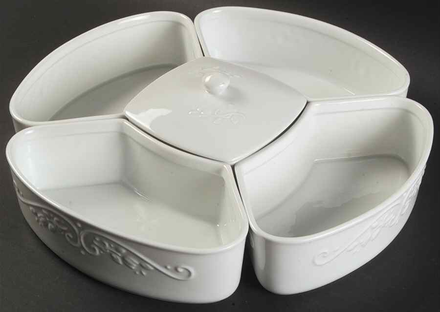 Veranda White Entertaining 6pc(4sides Dishes+1 Center Dish&Lid) by Princess House-1