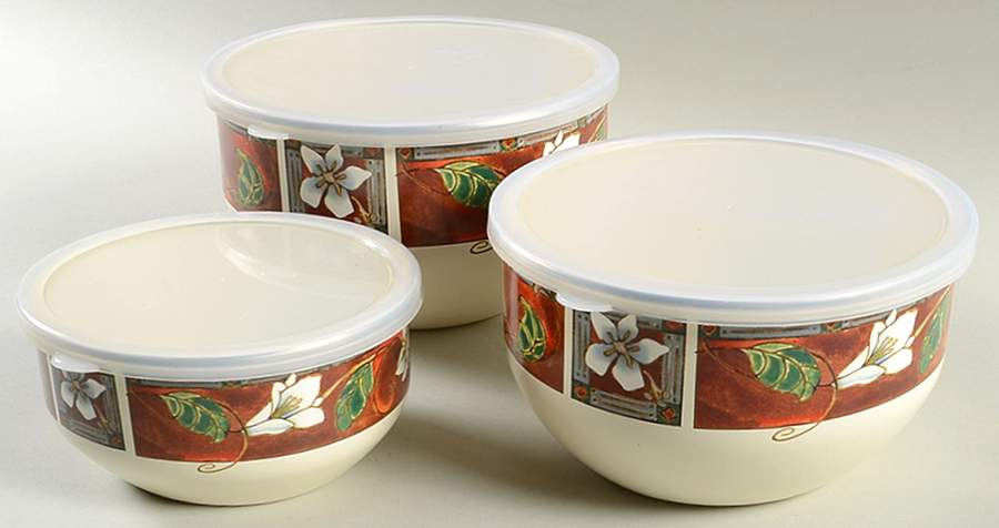 Mission Flower 3 Pc Metal Bowl W/Plastic Lids(5 3/4",6 7/8"&7 3/4 by Pfaltzgraff-1