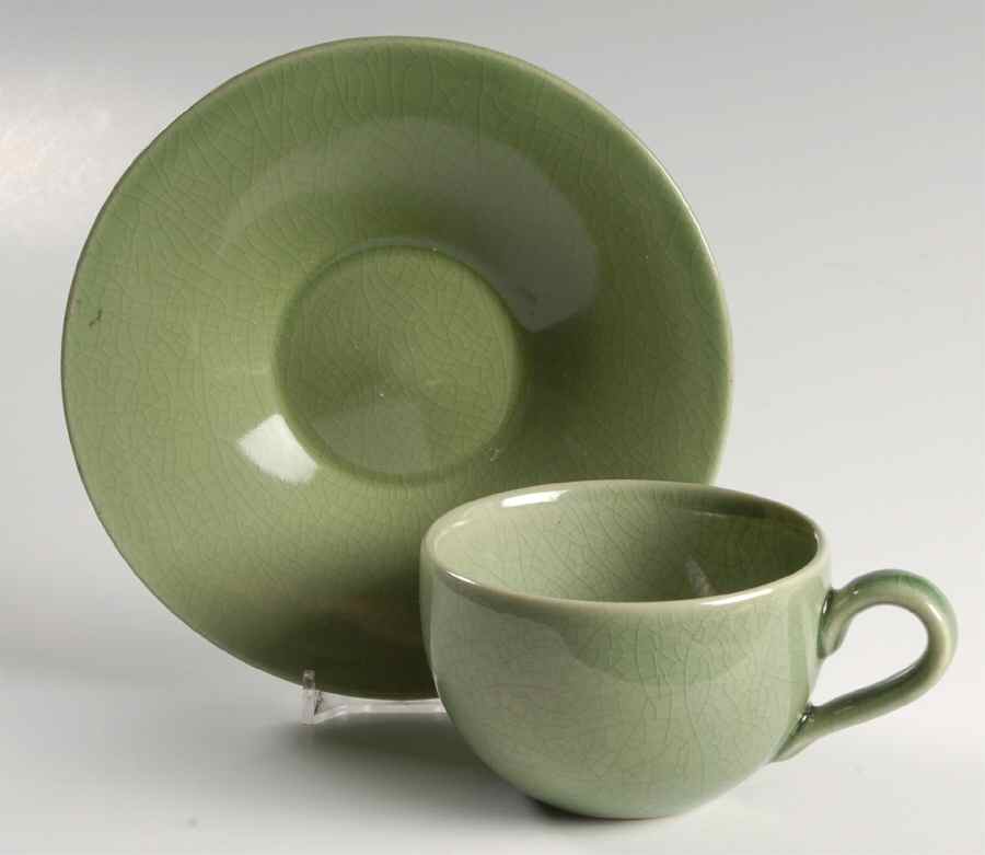 Crackle Green Flat Cup & Saucer Set by Pottery Barn China-1