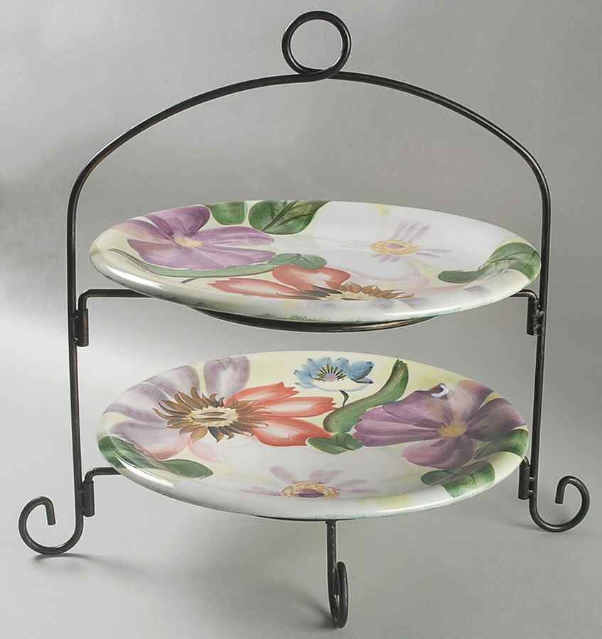 Flower Market Buffet Set-Holds 2 12" Chop Platters W/Metal Rack by Pfaltzgraff-1