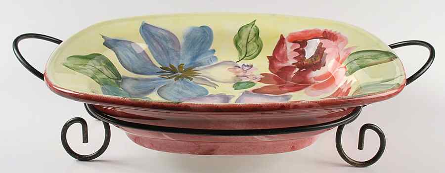 Flower Market 14" Square Serving Pasta Bowl w/Metal Rack by Pfaltzgraff-1