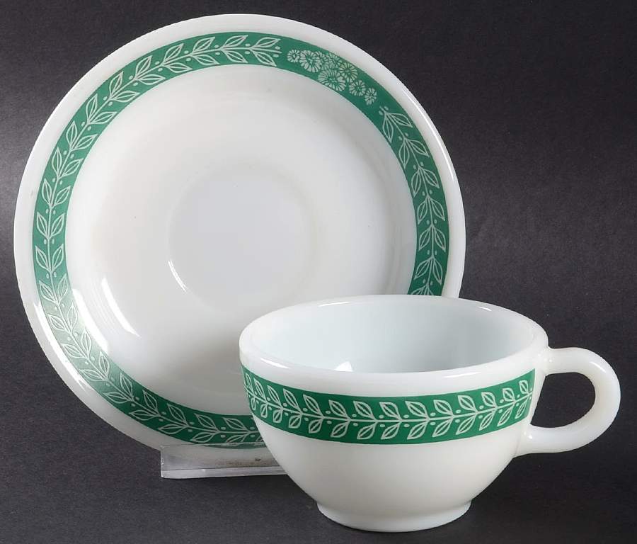Autumn Bands Green Flat Cup & Saucer Set by Pyrex-1