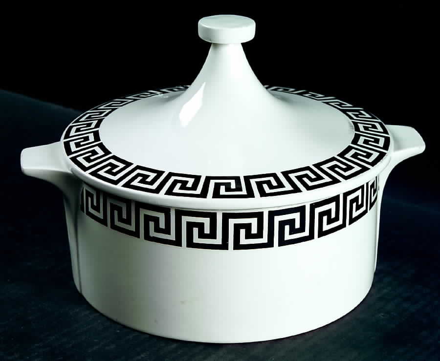 Greek Key Black White Round Covered Vegetable by Portmeirion-1