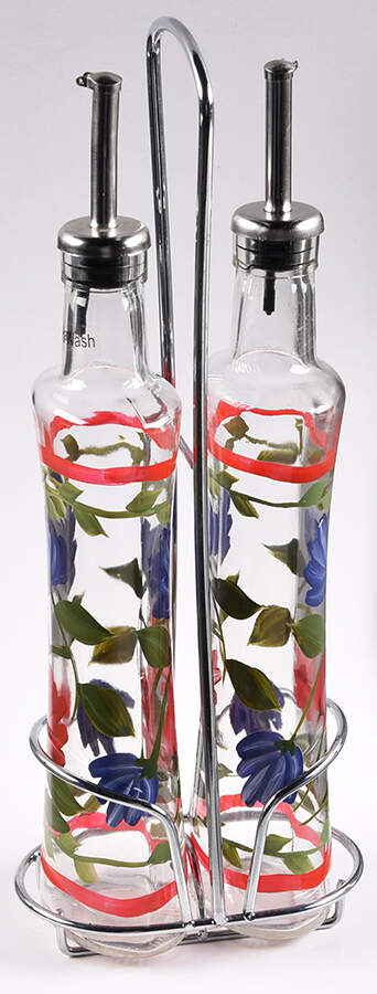 Napoli (Stoneware) Set of 2 Glass Oils W/Drizzle Spouts & Metal Caddy by Pfaltzgraff-1
