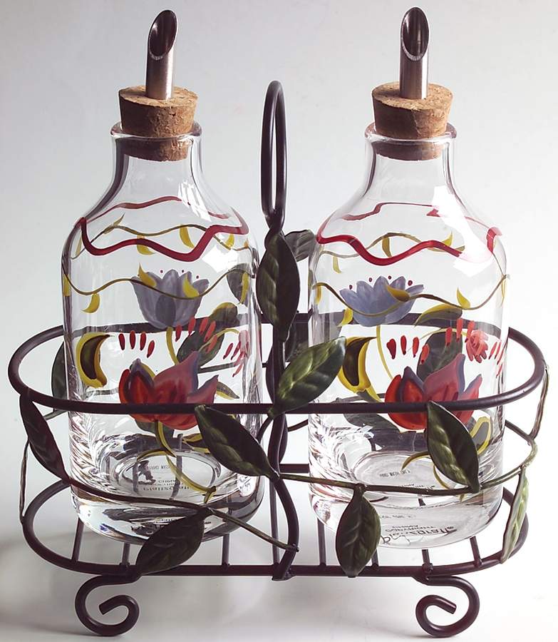 Napoli (Stoneware) Set of 2 Glass Oils W/Drizzle Spouts & Metal Caddy by Pfaltzgraff-1