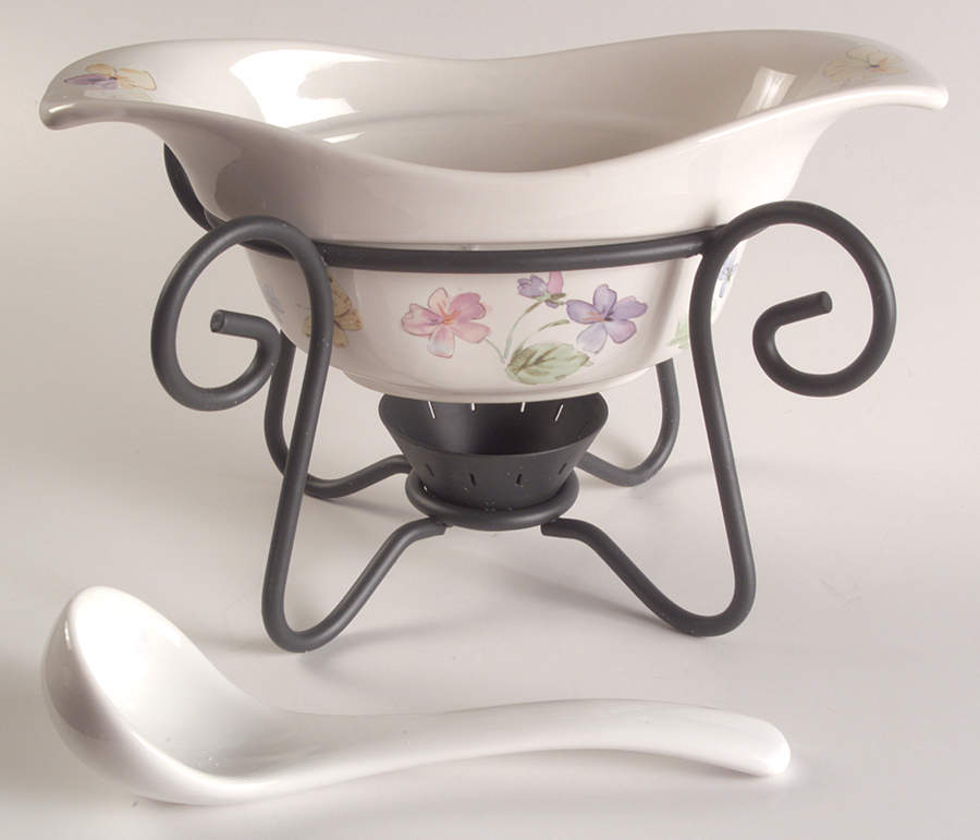 Vienna Floral Gravy Server & Ladle & Metal Stand by Pfaltzgraff-1