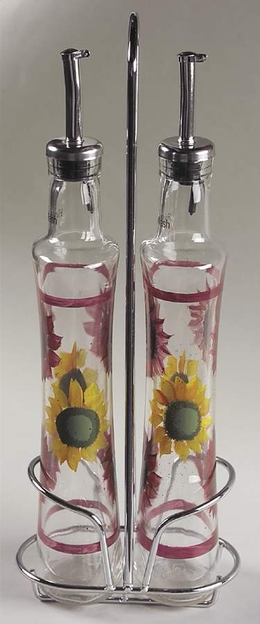 Evening Sun Set of 2 Glass Oils W/Drizzle Spouts & Metal Caddy by Pfaltzgraff-1