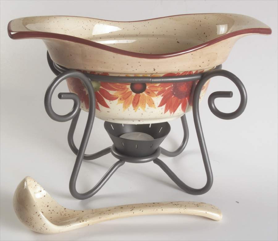 Evening Sun Gravy Server & Ladle & Metal Stand by Pfaltzgraff-1