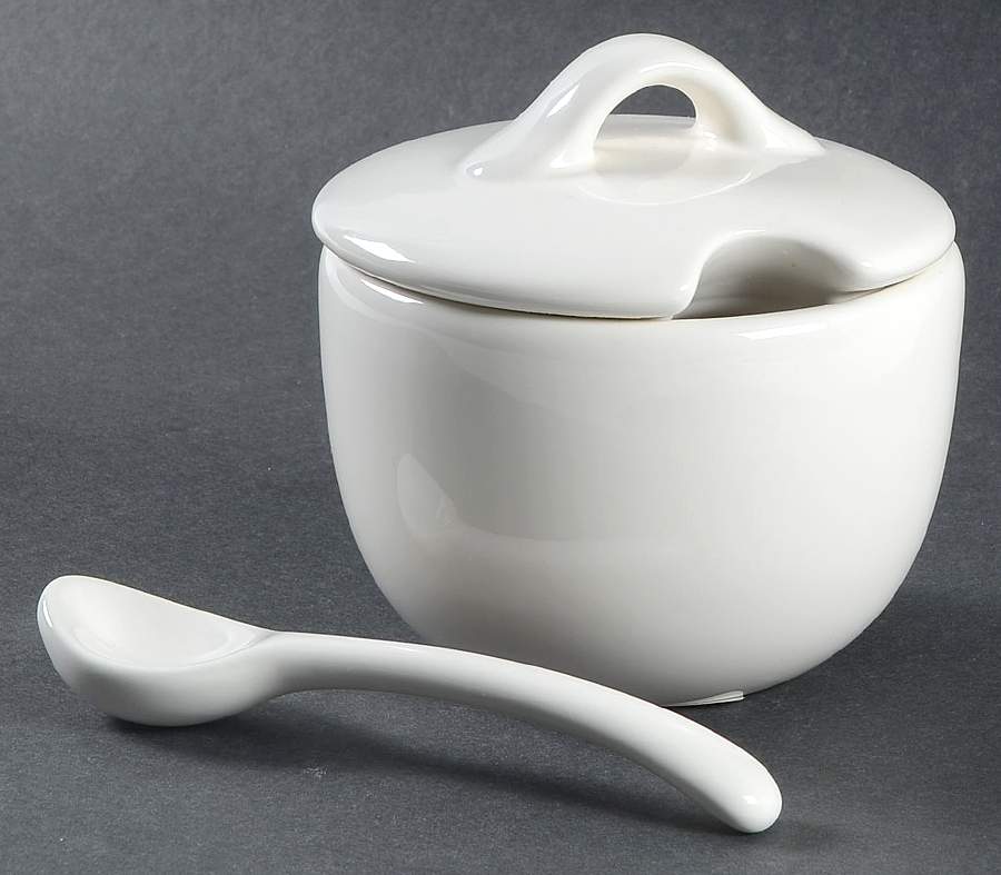 Sausalito Blanca (White) Sugar Bowl & Lid W/Spoon by Pottery Barn China-1
