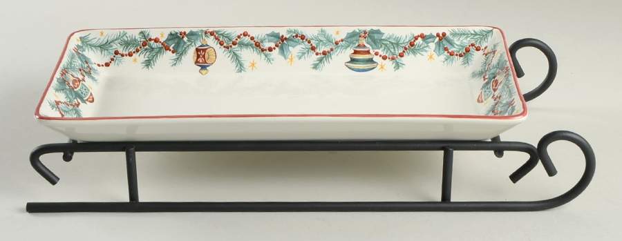 Holiday Garland Sled Server-11" Rectangular Tray W/Iron Sled Stand by Pfaltzgraff-1