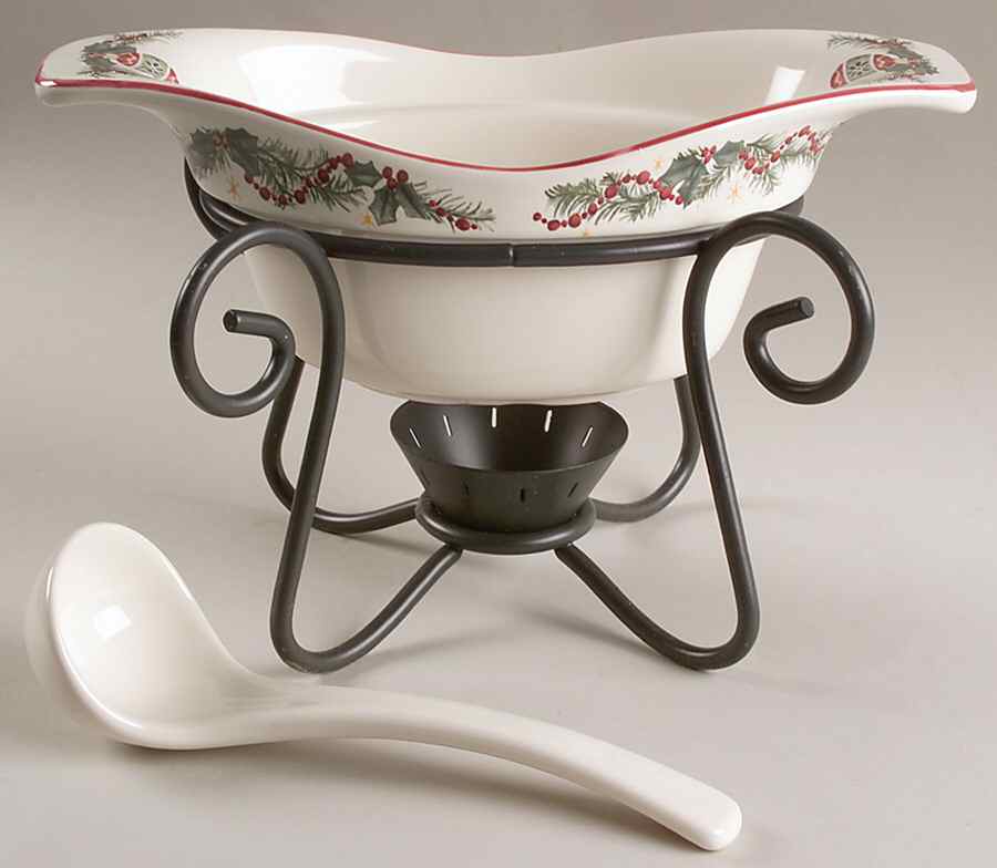 Holiday Garland Gravy Server & Ladle & Metal Stand by Pfaltzgraff-1
