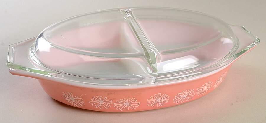 Pink Daisy 12" Oval Covered Divided Vegetable (ODV12 Base) by Pyrex-1