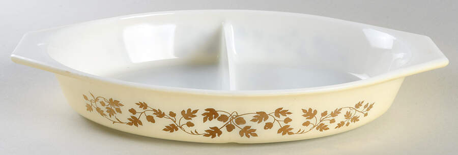 Gold Acorn 12" Oval Divided Vegetable Bowl by Pyrex-1