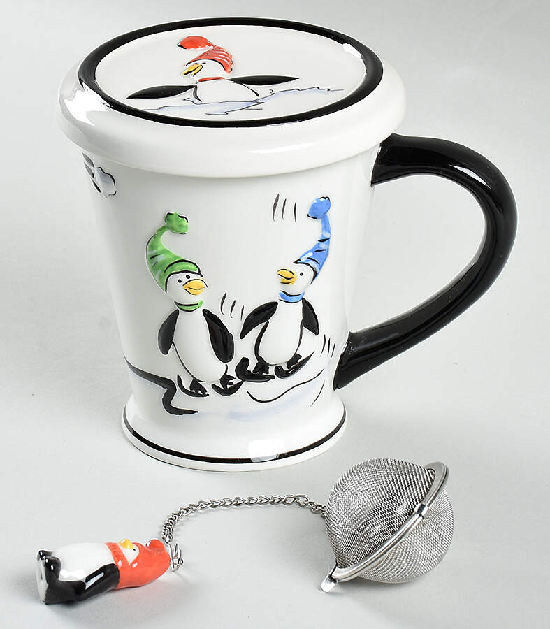 Penguin Skate Embossed Mug & Lid W/Tea Strainer Set by Pfaltzgraff-1