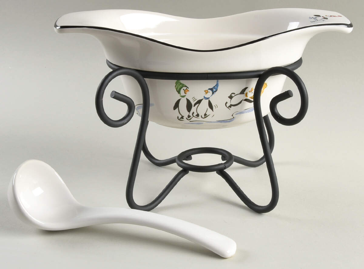 Penguin Skate Gravy Server & Ladle & Metal Stand by Pfaltzgraff-1