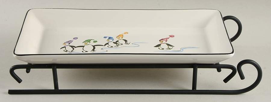 Penguin Skate Sled Server-11" Rectangular Tray W/Iron Sled Stand by Pfaltzgraff-1