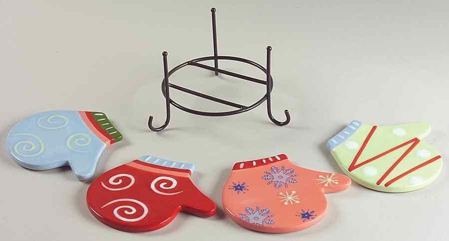 Taffy Candy Coaster Set - 5 Piece (4 Motif Coasters & Metal Holder) by Pfaltzgraff-1