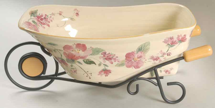 Silk Rose Wheelbarrow Serving Bowl W/Metal Frame by Pfaltzgraff-1