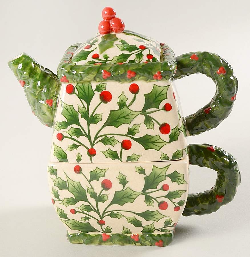 English Holly Individual Teapot & Lid with Cup by Pacific Rim-1