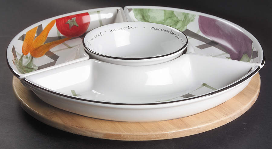 City Market (5 Pc) Lazy Susan (3 Sides, 1 Center & Wood Base) by Pfaltzgraff-1