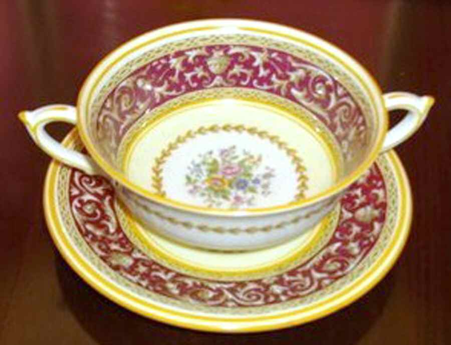 Corinthian Maroon (Yellow Trim) Footed Cream Soup Bowl & Saucer Set by Paragon-1