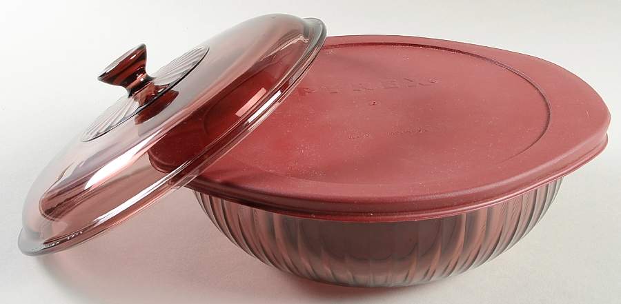 Sculptured Cranberry 2 Qt Round Casserole with Glass & Plastic Lids by Pyrex-1
