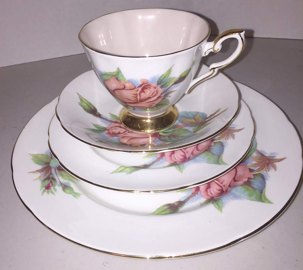 Six World Famous Roses (Newer) Footed Cup & Saucer Set by Paragon-1