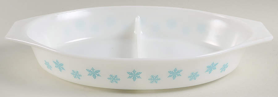 Snowflake White 12" Oval Divided Vegetable Bowl by Pyrex-1