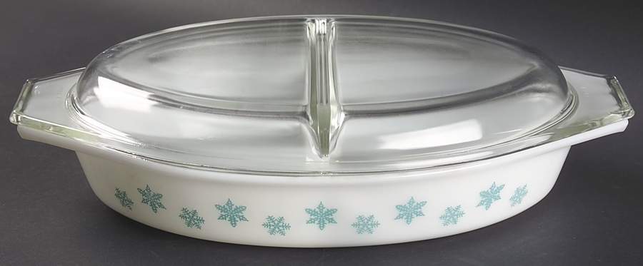 Snowflake White 12" Oval Covered Divided Vegetable (ODV12 Base) by Pyrex-1