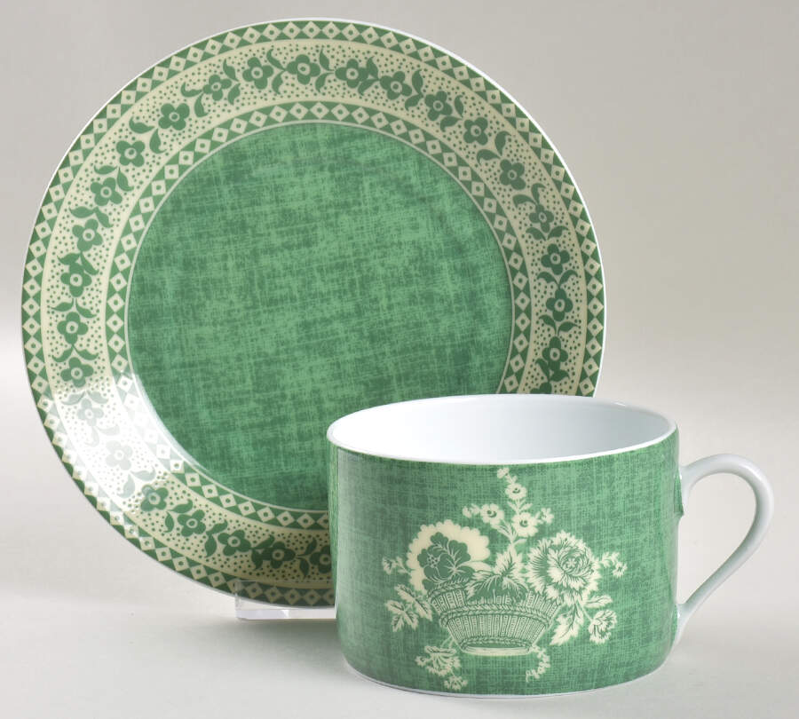 Paniers Fleuris Green Flat Cup & Saucer Set by Pierre Frey (Patrick Frey)-1