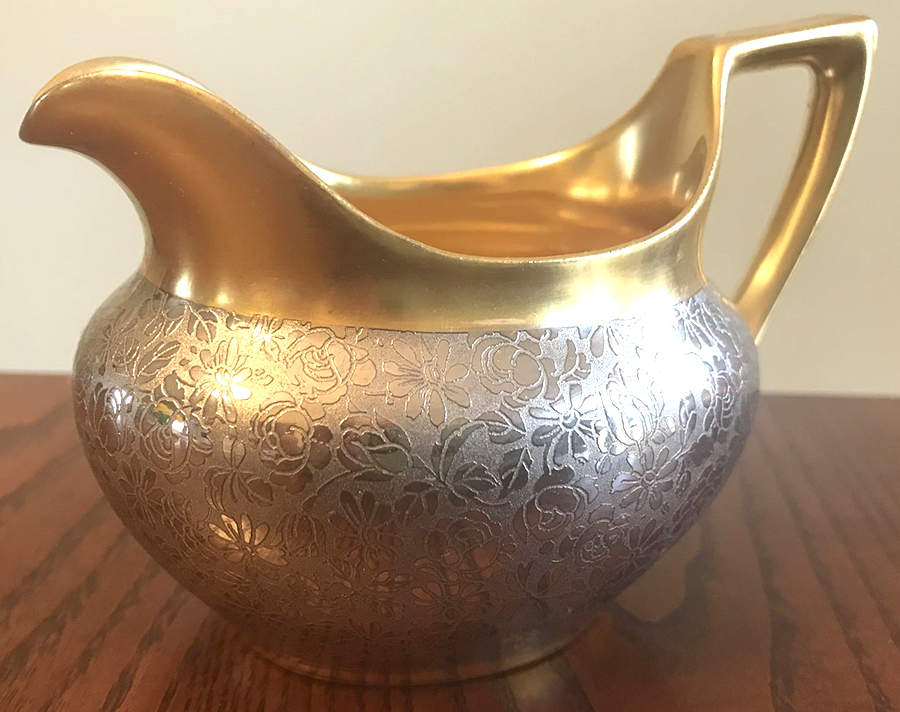 Rose and Daisy (Platinum on Gold) Creamer by Pickard-1