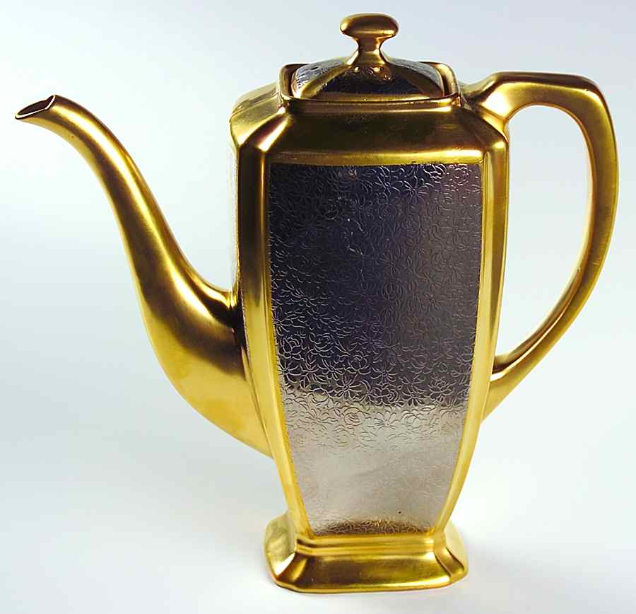 Rose and Daisy (Platinum on Gold) Coffee Pot & Lid by Pickard-1
