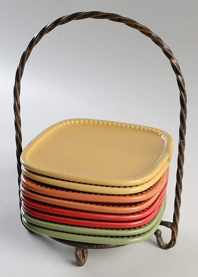 Pavillion (Autumn Colors) Square Appetizer Plate - Set of 8 & Metal Stand by Princess House-1