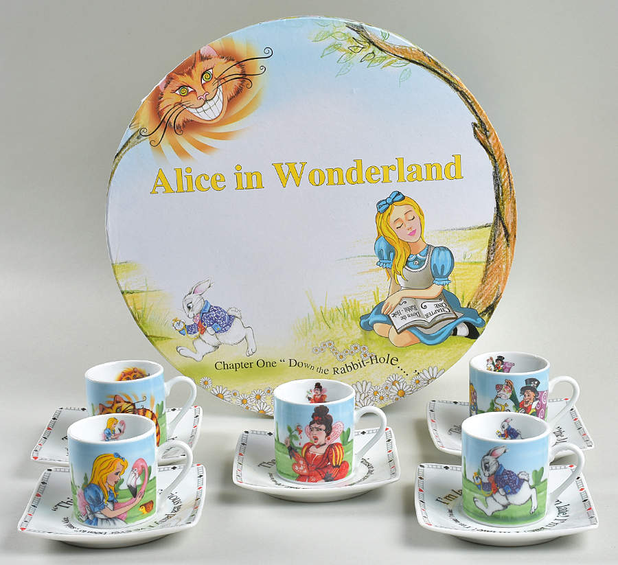 Alice in Wonderland's Cafe Flat Demi Cup & Saucer - Set of 5 Boxed (Motif 6-10) by Cardew Design-1
