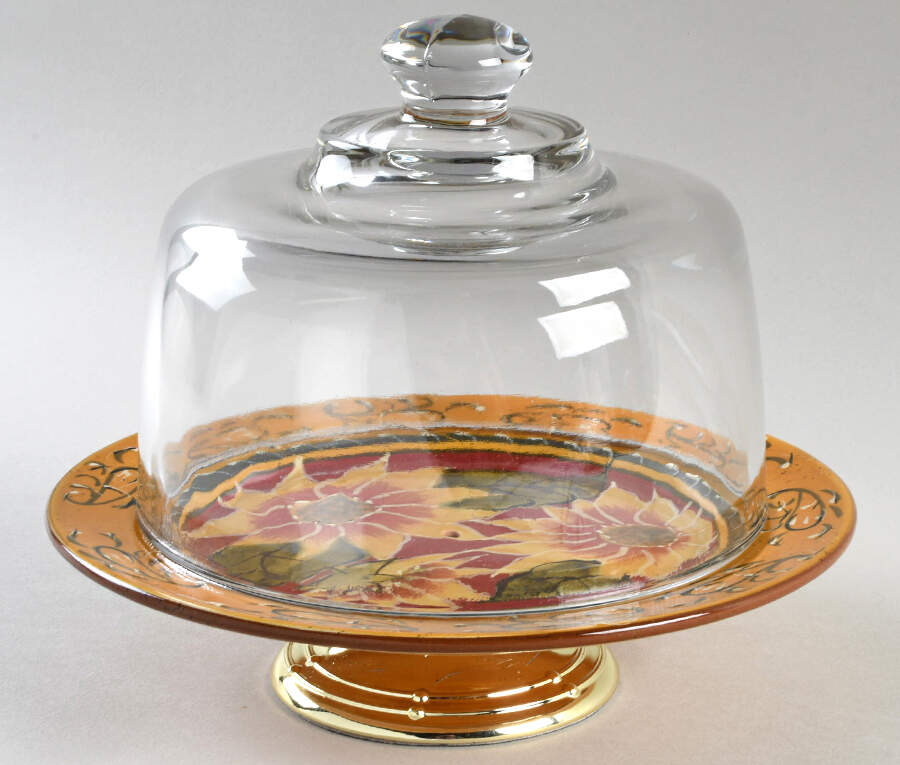 Sunflower 6 1/2"-7 1/2" Footed Cheese Plate w/ Glass Dome HC by Pier 1-1