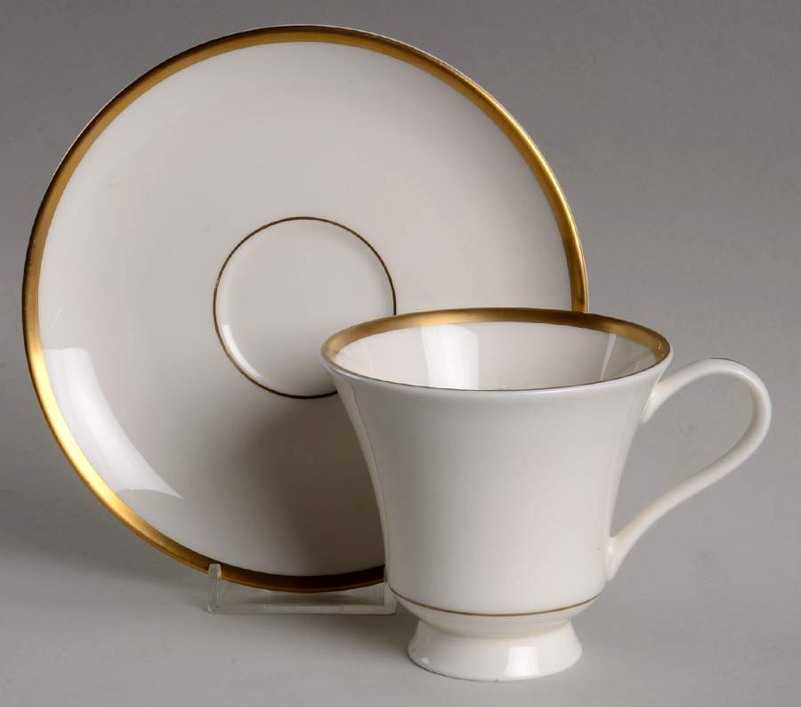 Signature (Gold Trim, No Monogram, Ivory) Footed Cup & Saucer Set by Pickard-1