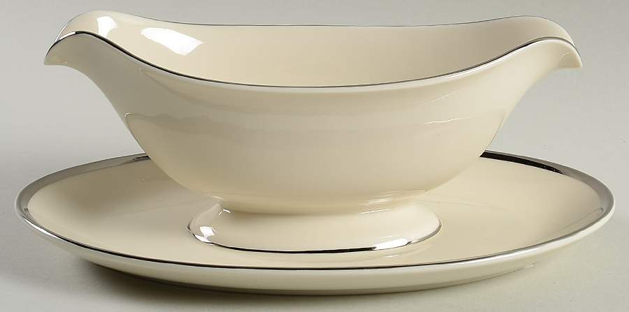 Signature (Platinum Trim, No Monograms, White Body Gravy Boat with Attached Underplate by Pickard-1